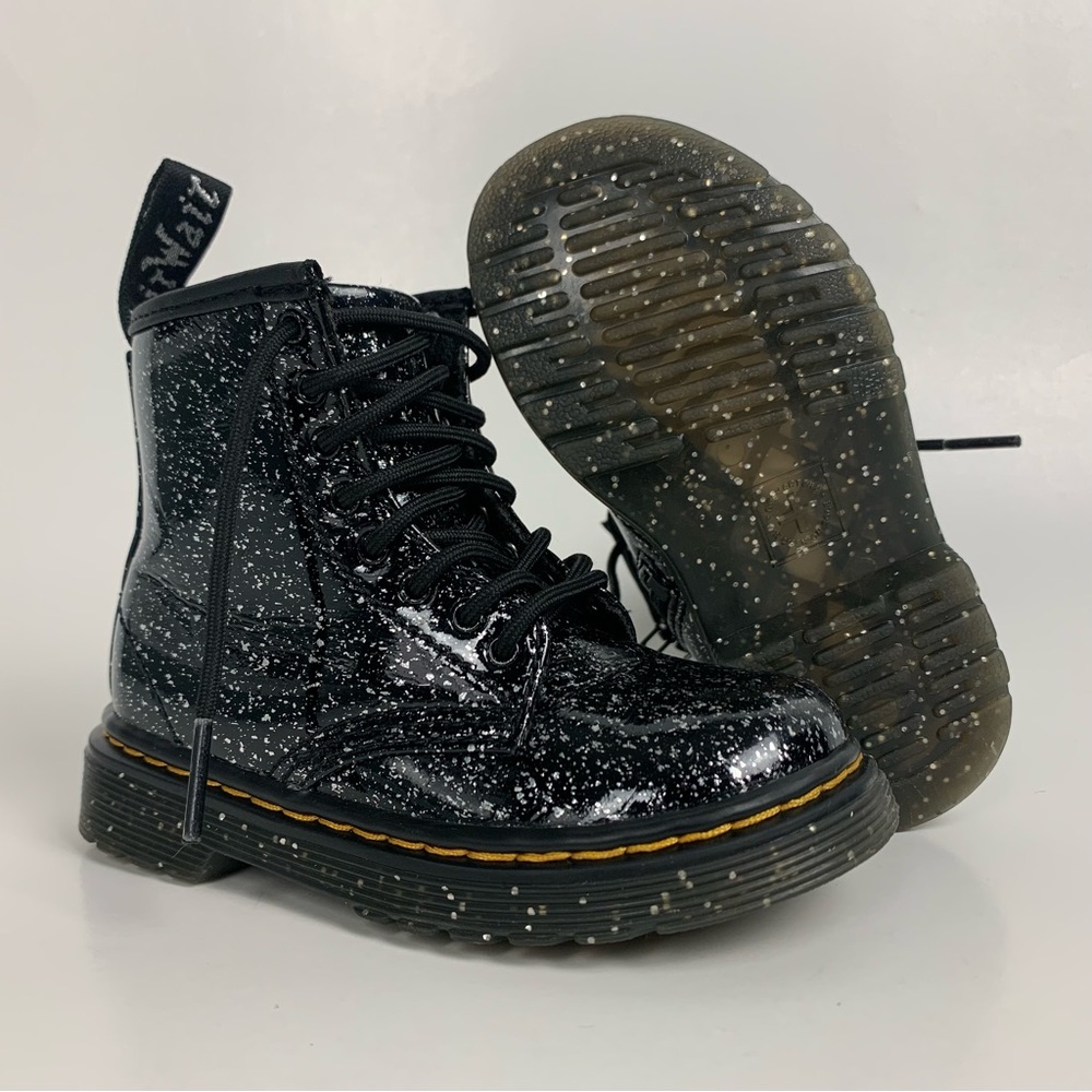 Dr Martens 1460T Glitter Patent Black Boots Side Zip Lace Up Toddler Size 7 US